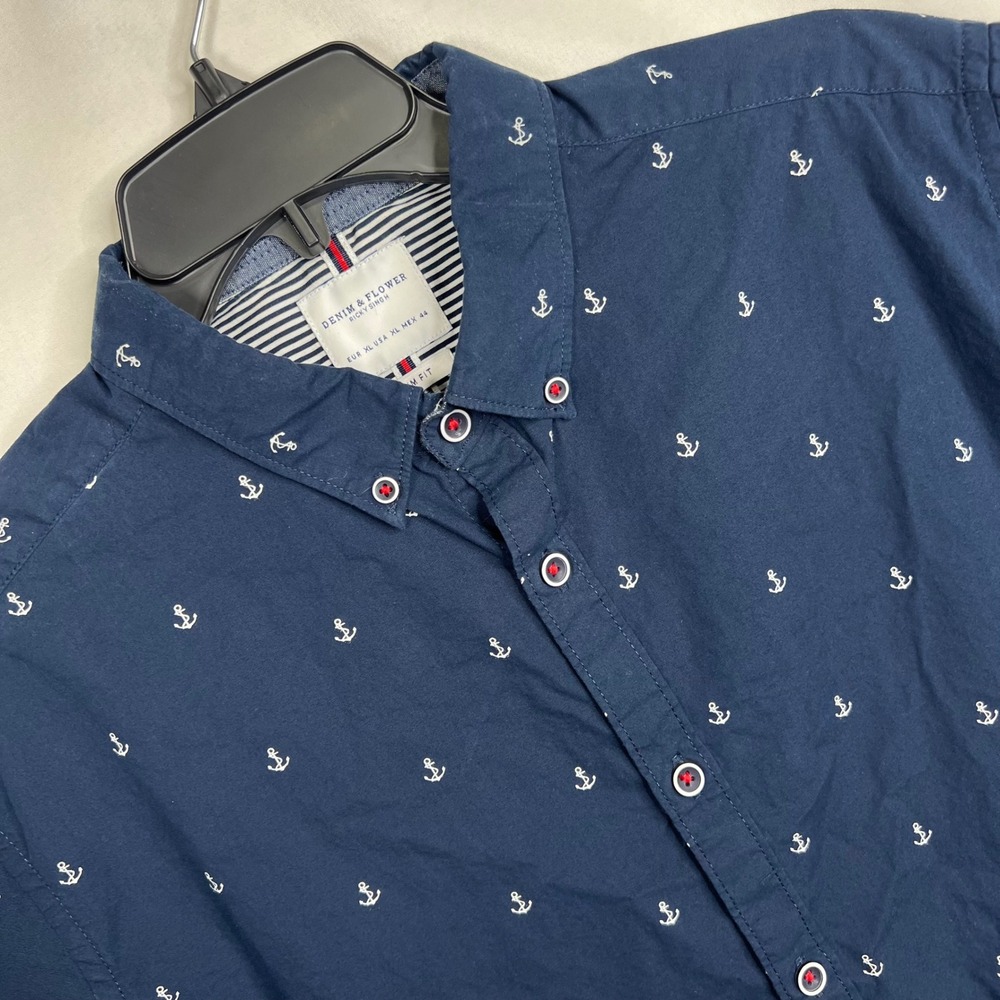Denim & Flower Navy Blue Anchor Print Shirt XL Slim Fit Short Sleeve Nautical